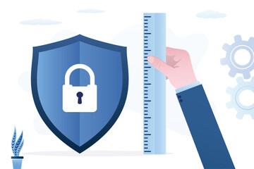 High level of security. Human hand use ruler and measures level of protection. Protective shield, high quality of protection against hacker attacks, scams, cyber crime