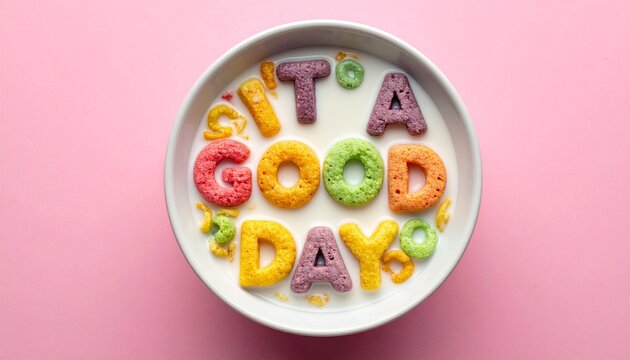Bowl of milk with colorful cereal letters spelling “IT’S A GOOD DAY” on pink background—evokes crafted optimism, symbolic morning joy, and the rhythm of breakfast, positivity, and playful affirmation.
