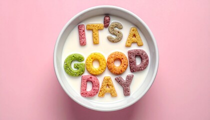 Bowl of milk with colorful cereal letters spelling “IT’S A GOOD DAY” on pink background—evokes crafted optimism, symbolic morning joy, and the rhythm of breakfast, positivity, and playful affirmation.