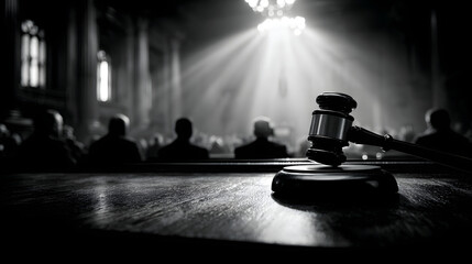 close-up photograph of a judge's gavel, foregrounded against the soft, out-of-focus silhouettes of people seated in a courtroom