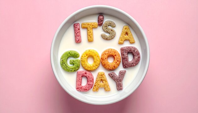 Bowl of milk with colorful cereal letters spelling &ldquo;IT&rsquo;S A GOOD DAY&rdquo; on pink background&mdash;evokes crafted optimism, symbolic morning joy, and the rhythm of breakfast, positivity, and playful affirmation.