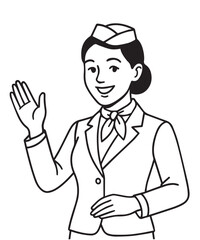 Vector depiction of a female flight attendant, designed in black and white with bold outlines, showcasing elegance and charm for versatile design purposes.