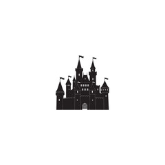 Obraz premium Fairytale Castle Silhouette with Towers, Spires, and Flags in Black and White