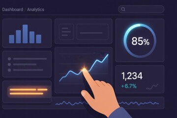 Flat hand pressing line graph on analytics dashboard with glowing 85 percent progress chart
