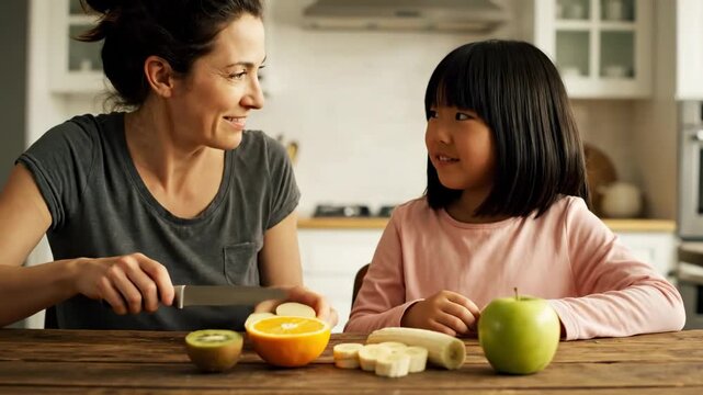 Parent teaching fractions fruit slices kitchen table cinematic handheld alternative education lifestyle stock video. tutor explaining division fruit segment home desk filmic