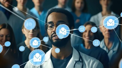 Connecting professionals through a network of diverse medical knowledge and innovative technologies, network of connections with icons over diverse doctors talking - Powered by Adobe