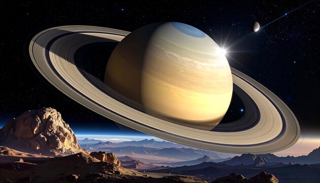 Saturn with golden rings set against colorful nebula and starry space—evokes crafted majesty, symbolic orbit, and the rhythm of cosmic scale, planetary elegance, and celestial wonder. - Powered by Adobe