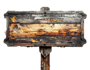 Weathered wooden sign on a post