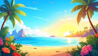 Obraz premium Tropical beach sunrise, palm trees, ocean