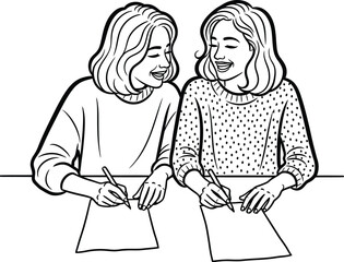 Two young women happily writing together in a collaborative learning space on transparent background