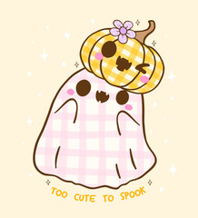 Coquette Girly Halloween Spooky Cute Ghost Gingham with Pumpkin Cartoon Hand Drawn, too cute too spooky
