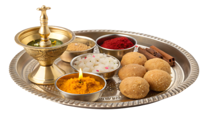 Indian Naivedya / Pooja Thali on transparent background, candid and expressive display capturing authentic devotional offerings, vibrant colors, and confident ritual presentation. Ideal for religious,