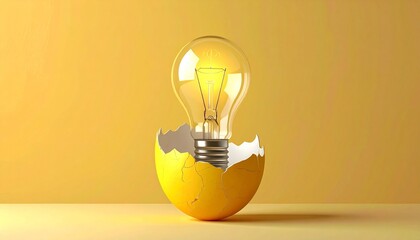 Cracked yellow egg revealing glowing light bulb inside—shell fragments scattered—evokes crafted emergence, symbolic creativity, and the rhythm of birth, illumination, and surreal inspiration.