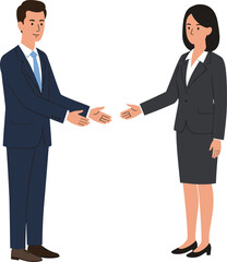 Business handshake between professional man and woman in formal attire, corporate agreement, office partnership, teamwork, successful meeting illustration