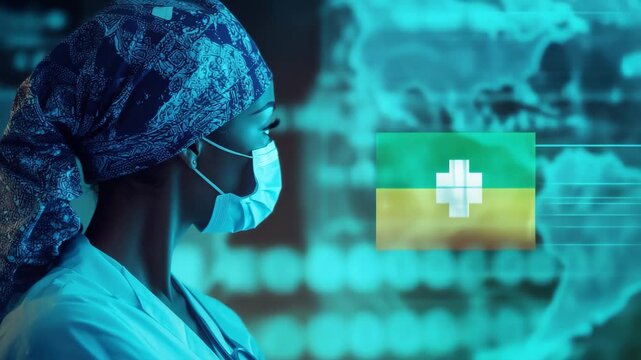 Ghanaian flag in digital healthcare representation with a Caucasian background during medical data processing, flag of ghana and numbers processing over caucasian male doctor vaccinating woman - Powered by Adobe