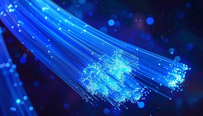 Close-up of glowing blue fiber optic strands—radiating light points and motion trails on dark backdrop—evokes crafted speed, symbolic transmission, and the rhythm of data, light, and digital flow.
