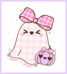 Coquette Girly Halloween Spooky Cute Ghost Gingham with Pumpkin Cartoon Hand Drawn