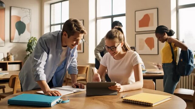 Students collaborating small groups elegant classroom cinematic cheerful learning lifestyle. pupil teamwork miniature cohort refined academy filmic joyful education existence.