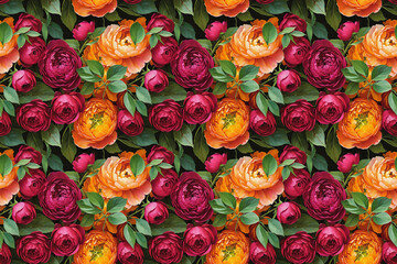 Cheerful seamless floral pattern showcasing delightful peonies, ranunculus, and fresh green leaves. Perfect for springsummer fashion, gifts, invitations, and home decor