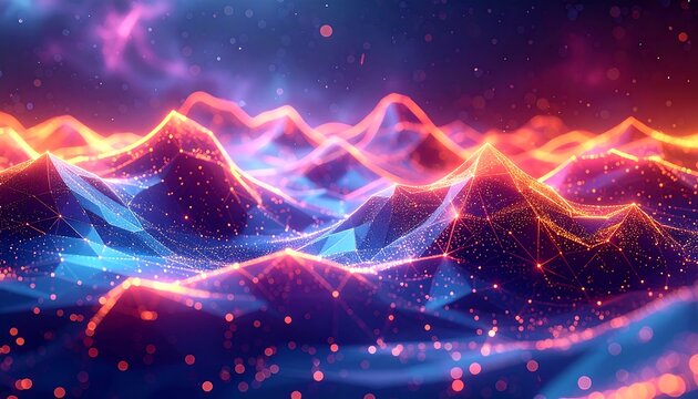 A digital abstract landscape with a geometric, wireframe topography, illuminated by glowing orange and blue light. Nebulae-like background