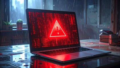 Laptop on wooden table in dim room—screen shows red warning triangle over digital code—rain outside window—evokes crafted urgency, symbolic vulnerability, and the rhythm of cyber threat and isolation.