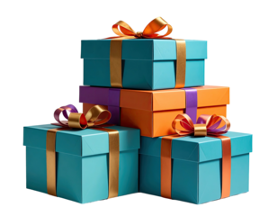 Stacked gift boxes with colorful ribbons and bows