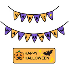 Cute Halloween garland and banner set with pumpkin, bat, star, and moon. Includes colorful bunting flags and festive sign with Happy Halloween text. Perfect for party decoration and kids design.