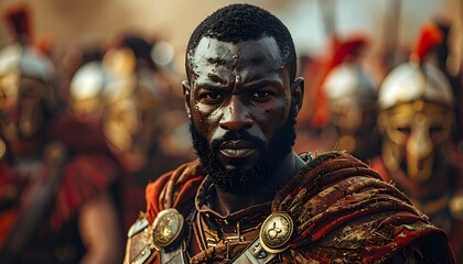 A determined warrior stares intently at the viewer, a gritty image of an army in the background