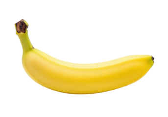A single, perfectly ripe, unpeeled yellow banana with a light green stem and dark brown tip, on a transparent background with soft shadows and copy space, embodying wholesome health