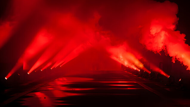 Fiery Red Stage: A dramatic scene of red stage lighting creating an atmosphere of intensity, with plumes of smoke adding to the enigmatic ambiance.