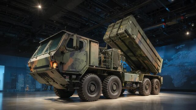 A military transport vehicle is showcased at an exhibition, highlighting its design, features, and capabilities in modern defense systems with a technological backdrop