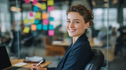 Fototapeta premium Young businesswoman smiling, working at desk in a contemporary office with copy space