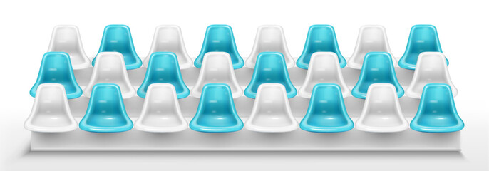 Stadium bench seats isolated on white background. Vector realistic illustration of blue white chairs in amphitheater rows, bleacher armchairs for match spectators comfort, sports arena design element © klyaksun