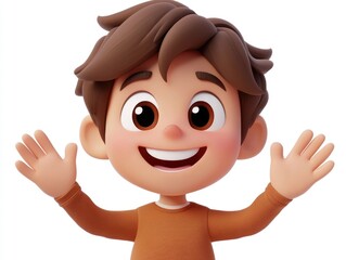 Obraz premium Cheerful and Energetic 3D Cartoon Boy Character with Big Expressive Eyes Joyful Smile and Enthusiastic Waving Hands Isolated on a White Background Vibrant and Engaging Digital Animation Render