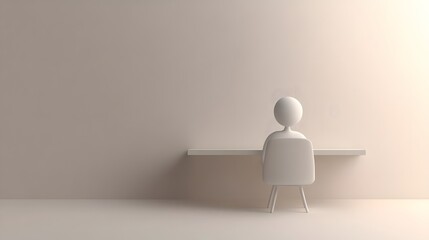 Minimalist 3D Humanoid Figure Sitting at Simple Desk Against Soft Beige Background