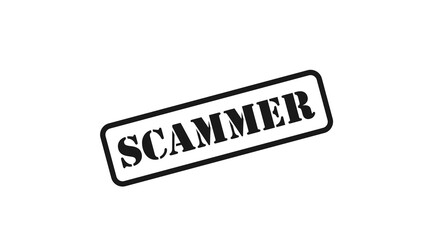 Black stamp with the word Scammer written on it.