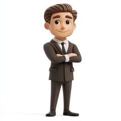 Obraz premium Confident 3D Cartoon Businessman Standing with Crossed Arms and Slight Smirk on White Background Portrayal of a Smart Successful Business Professional in the Corporate World