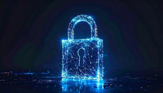 Digital padlock formed by glowing blue nodes and lines—set against dark backdrop—evokes crafted encryption, symbolic protection, and the rhythm of cybersecurity, privacy, and secure connectivity.