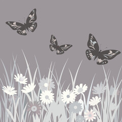 Butterflies flutter above a field of daisies in a serene gray landscape