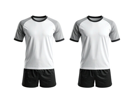 Two identical white and gray sports jerseys with black shorts