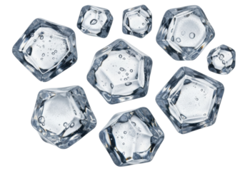 Multiple clear, perfectly translucent ice cubes with irregular, abstract faceted shapes and sharp edges, suspended against a transparent background in bright studio light, concept of extreme coldness