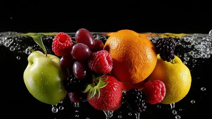 Assorted fruits including green apple, raspberries, grapes, orange, lemon and blackberry splashing in water against a black background. - Powered by Adobe