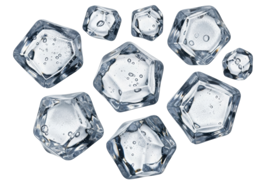 Multiple clear, perfectly translucent ice cubes with irregular, abstract faceted shapes and sharp edges, suspended against a transparent background in bright studio light, concept of extreme coldness