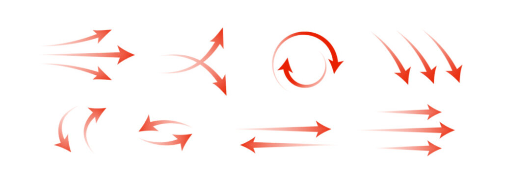 Red air flow with arrow set for motion and direction graphics. Gradient pointers in circular, straight and curved patterns with dynamic trails. Movement symbols for interface or navigation design.