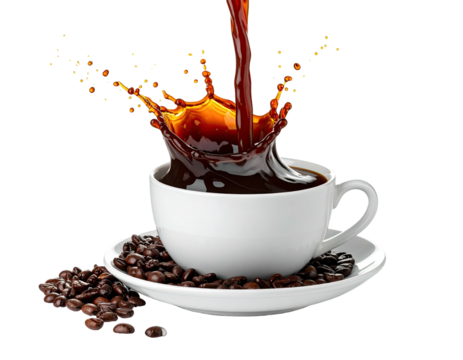 Coffee being poured into a white cup, splashing dramatically