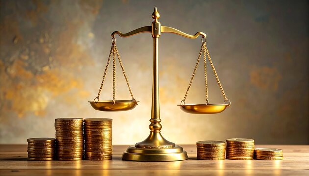 Golden balance scale&mdash;two pans with uneven stacks of coins, right side lower&mdash;set against neutral backdrop&mdash;evokes crafted judgment, symbolic equity, and the rhythm of value, fairness, and weighted decis