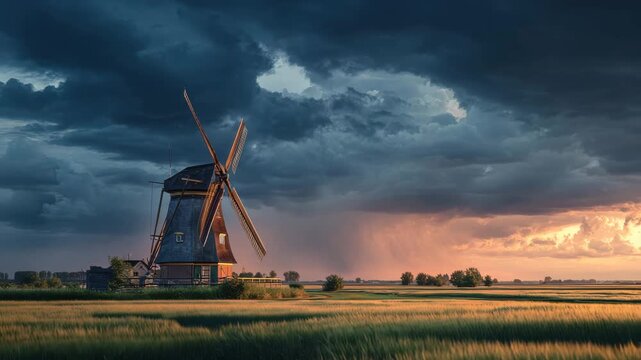 A traditional windmill is set against a backdrop of lush green fields. The sky is filled with dark clouds and vibrant colors as the sun sets. Nature shows its beauty at dusk