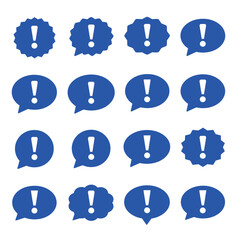 A collection of bright blue exclamation point symbols in various speech bubbles
