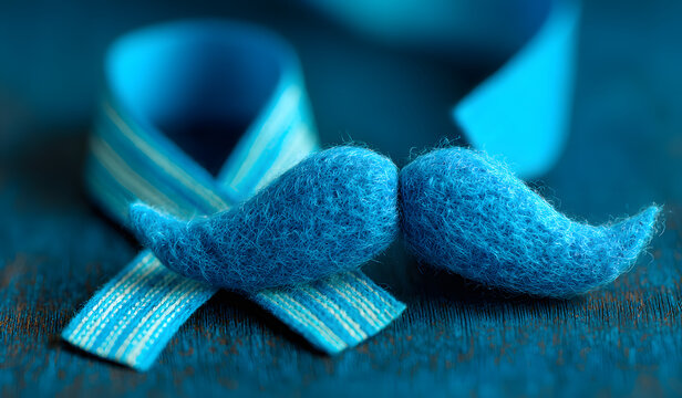 Prostate cancer awareness month with ribbon, mustache on blue background, copy space text, 3d rendering illustration - Powered by Adobe