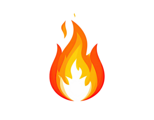 Simple, stylized fire graphic against black background. Vivid orange and yellow flames rise from a white base